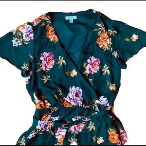 Women’s Short Floral Dark Green Dress With Ties Waist